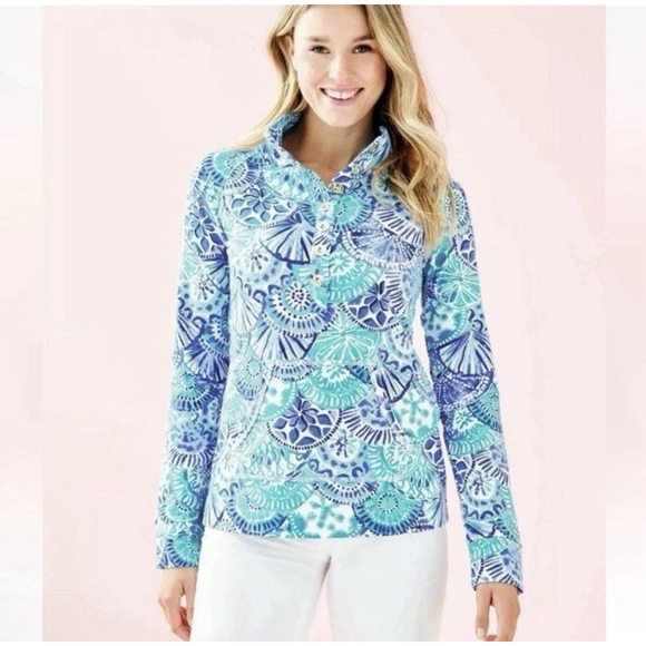 Lilly Pulitzer UPF 50+ Skipper Popover Turquoise Oasis Shell Me You Love Me XL - Picture 1 of 11